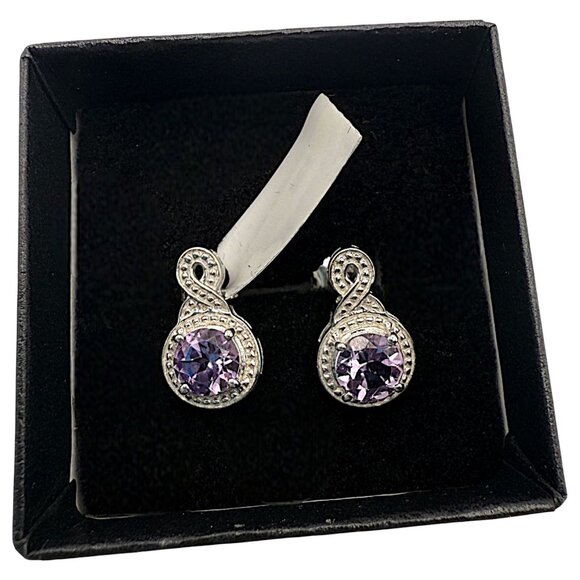 Amethyst Sterling Silver Infinity Design Earrings 1.46 CTW AA Round Cut Rhodium - Picture 7 of 9
